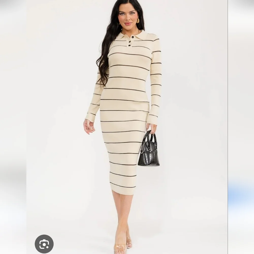 NWT Hot & Delicious Striped Cream Long Sleeve Collared Dress Large PTP 22 - Picture 1 of 10